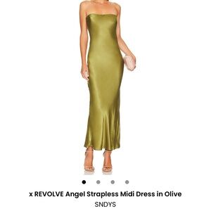 SNDYS Strapless Satin Dress in Olive